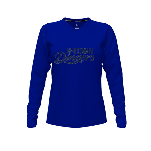[CUS-DFW-TEES-CMF-VNK-LSL-RYL-FYXS-LOGO1] Decker Comfort T-Shirt (Female Youth XS, Royal, V Neck, Logo 1, Long Sleeve)